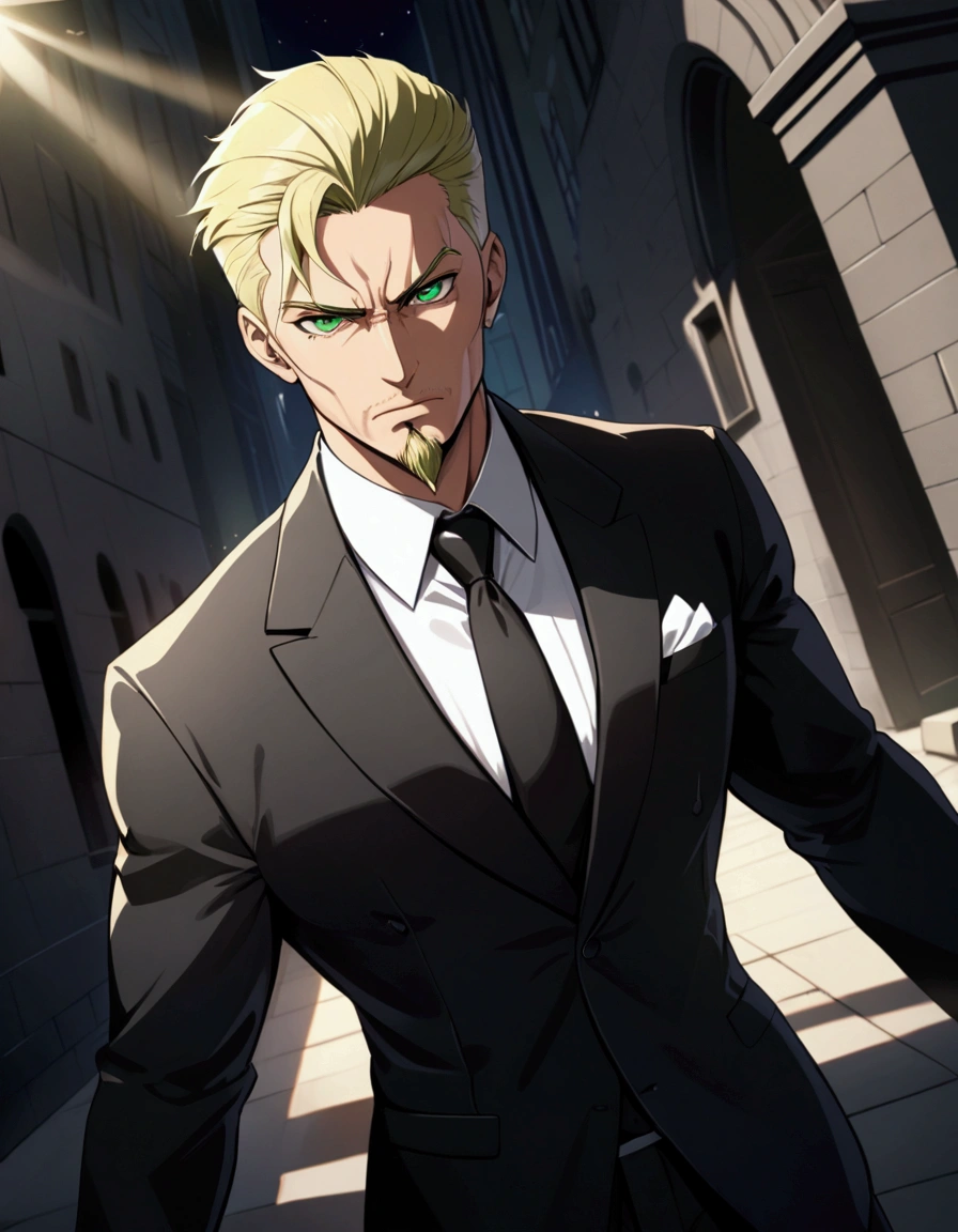 1man, man in black, vigorous mature, business hair with asymmetrical bangs, goatee, green platina blond hair, emerald eyes, BREAK 45yo, charming caucasian, slightly long chiseled face, deep set, angular jaw, facial wrinkles, crewcut, BREAK ideal ratio body proportions, middle weight muscular, beautiful detailed eyes, dark hero, BREAK solo, funeral black suit, black necktie, white shirt, at wall street, detailed background, serious, cool expression, natural standing, BREAK upperlegs, dramatic expression, in persona style, masculine comic art, 2010s, retro visual novel, in newest eroge style, dutch angle, cinematic shadows, cinematic lighting, lens flare, light leaks, texture, absurdres absolutely resolution, extreme all detailed, greatest painting, BREAK masterpiece, best quality