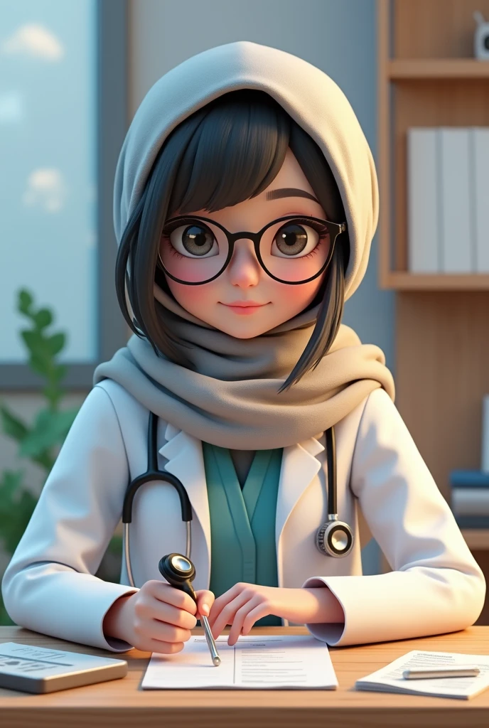 there is a asian girl wearing scarf around head , sitting at a desk with a stethoscope, doctor, realistic 3d style, There is a name plate on the table and on it is written "Dr. Tasnim" medical doctor, wearing lab coat and a blouse, for hire 3d artist, wearing lab coat and glasses, (doctor), official fanart, 3d realistic, fanart, range murata and artgerm, with a lab coat,