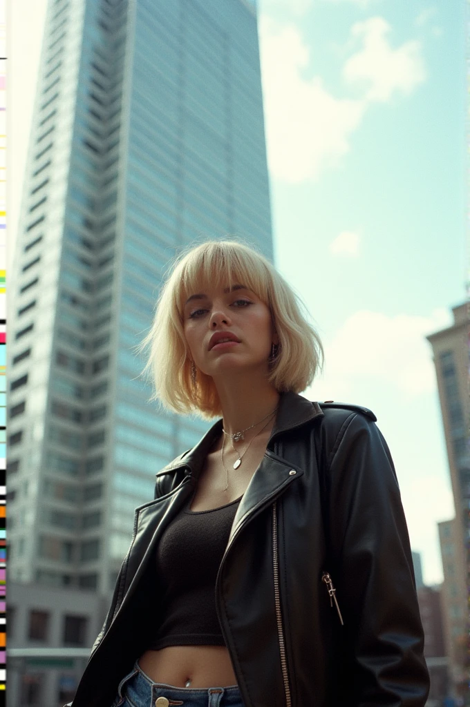 Street style photo of a grunge style woman in the streets of 1990 Manhattan standing in front of a sliver high rise building, blonde, 90s bob, Carly Norris, Sliver movie, natural lighting, shot on Agfa Vista 200