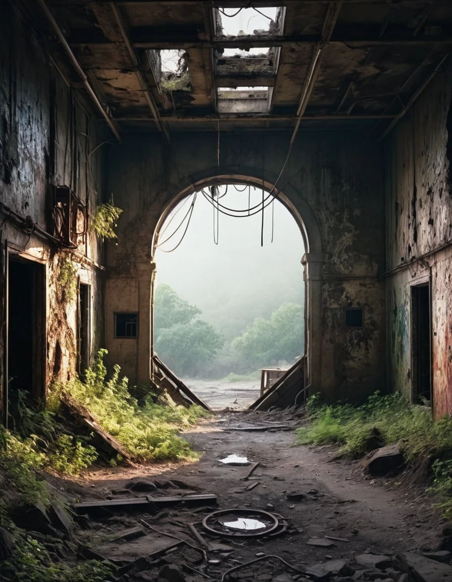 a decrepit abandoned mine, dilapidated old mine, rusting machinery, crumbling concrete walls, dusty abandoned environment, cobwebs, eerie atmosphere, moody lighting, dramatic shadows, cinematic composition, muted color palette, gritty grungy textures, dystopian post-apocalyptic setting, (best quality,4k,8k,highres,masterpiece:1.2),ultra-detailed,(realistic,photorealistic,photo-realistic:1.37),HDR,UHD,studio lighting,ultra-fine painting,sharp focus,physically-based rendering,extreme detail description,professional,vivid colors,bokeh