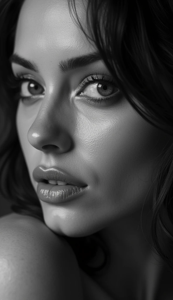 arafed black and white photo of a woman with a ring on her finger, perfect face and eyes, face like ester exposito, seductive eyes and face, close-up perfect face, !seductive eyes and face!, extremely beautiful face, with gorgeous detailed eyes, detailed and perfect face, extreme details perfect face, perfect detailed eyes, seductive eyes