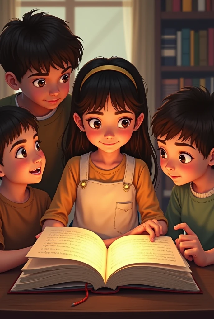 One girl , four boy, around a book