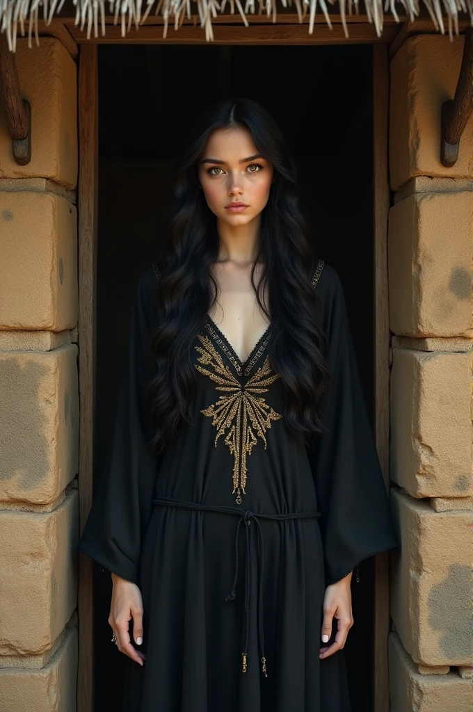 A witch in her twenties, fair-skinned, with long black hair and wide black eyes, wearing a black robe embroidered with gold, with an exposed chest, and living in a mud house. make it look like real 