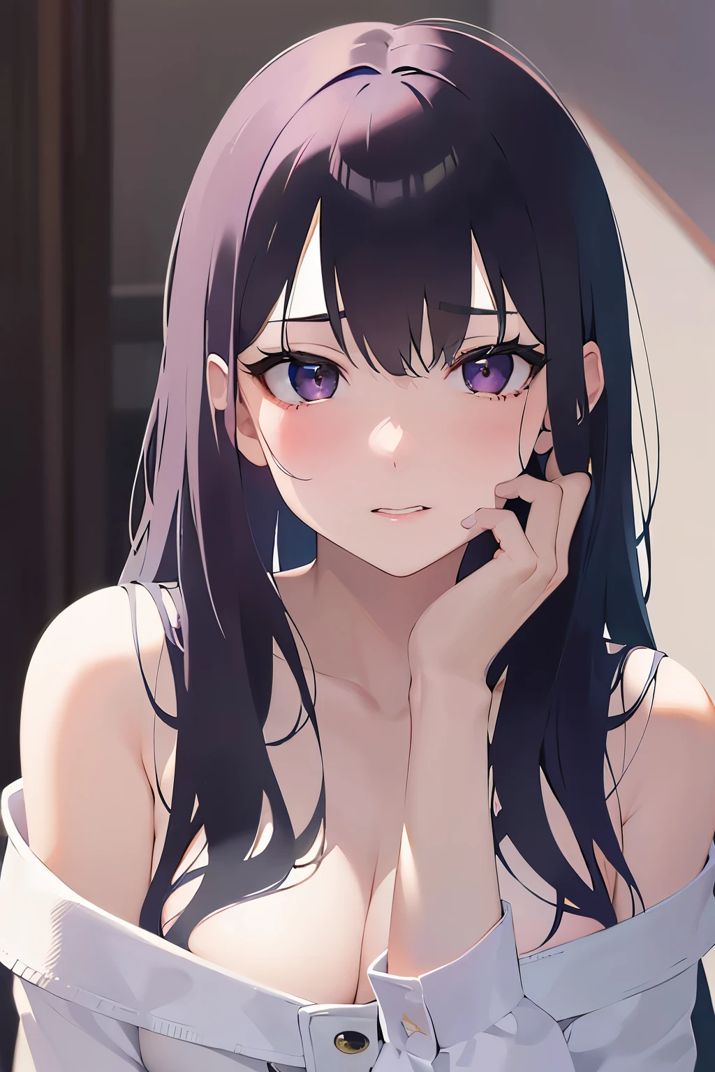 head tilt, hand on own face, Upper Body, Realistic, real person, (pale skin: 1.2), RAW photo, photorealistic, shiny skin, shiny hair、(A 25-year-old woman with straight hair and bangs) and (medium hair) and (black hair) and (purple eyes) , (white) and (off shoulder blouse) 、(embarrassed:1.5), white background、Alone、