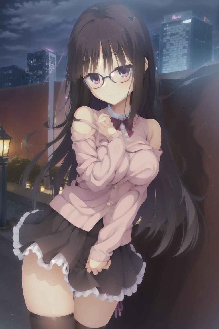 1girl,独奏,smiling, glasses, woman, brown hair, medium hair, A frilly pink sweater with exposed shoulders, black skirt with a ribbon,medium breast, thigh-highs,outdoor,night,City night view,skyscraper,Rooftop,whole body, expensive_solve, clear_image, expensive_Contrast, 8k, Sparkling, beautiful_detailed_face_and_eye, (Black Hair:1.25), 白 eye,
