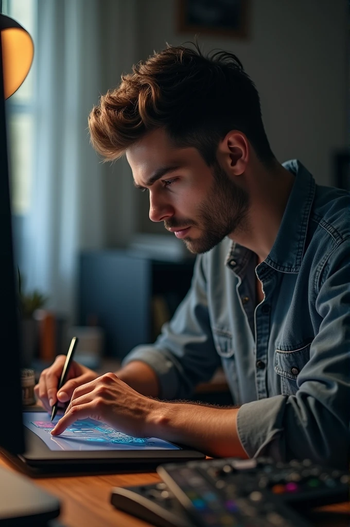 A handsome guy, a designer, sits in his room behind a monitor at such an angle that his face cannot be seen. and does his work in the application - Photoshop. Also, he has a graphic tablet on his table and in his hand he holds a brush, which he moves over the same tablet.
