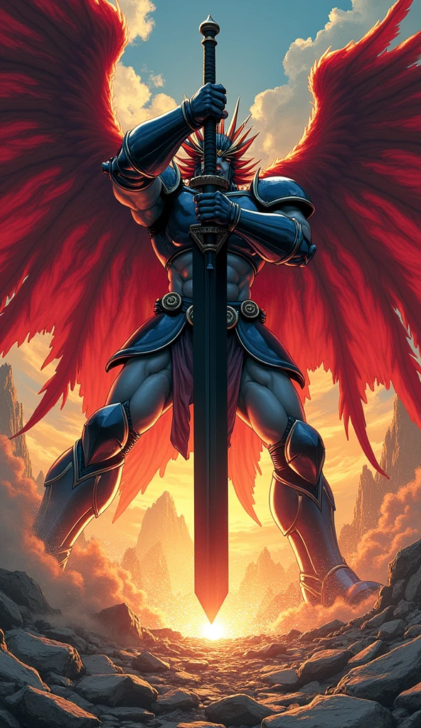   "Yoshitaka Amano's Valis raises his colossal black sword above his head and slams it down into the ground with immense force. The impact sends a shockwave rippling through the earth, causing the very ground to crack and tremble under the power of his attack."