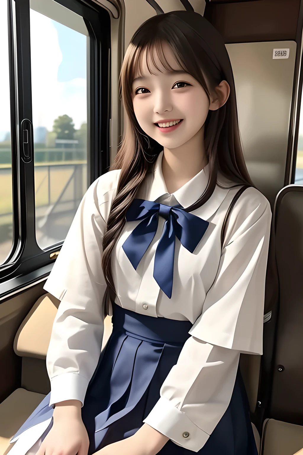 (highest quality, masterpiece, high resolution:1.2), 4K, (Photo quality detailed face: 1.2), (Giorgione painting style: 0.8), geometry, ( yo cute girly Japanese girl is seated and looking me up in a train: 1.0), Laughing cutely, (neat girly white short-sleeves school blouse: 1.0), (puffed short sleeves: 1.0), (Dark red glossy school ribbon on the breast: 1.0), (Gray Japanese school girly vest Uniform: 1.2), (Extremely laughing cheeks: 1.0), (Beautiful light-amber cute-dolly large clear eyes with detailed cutely: 1.4), (Long bottom eyelashes: 1.2), (Expressing the greatest joy with her whole body: 1.2), (Glossy lips: 1.0), (Super-straight long hair: 1.3), (cute earrings), (white and clear skin: 1.0), (Laughing 14 intelligent princess's eyes: 0.6), (Placing her beautiful white hands together like praying: 0.9), (Full-body shot in heaven: 1.2)
