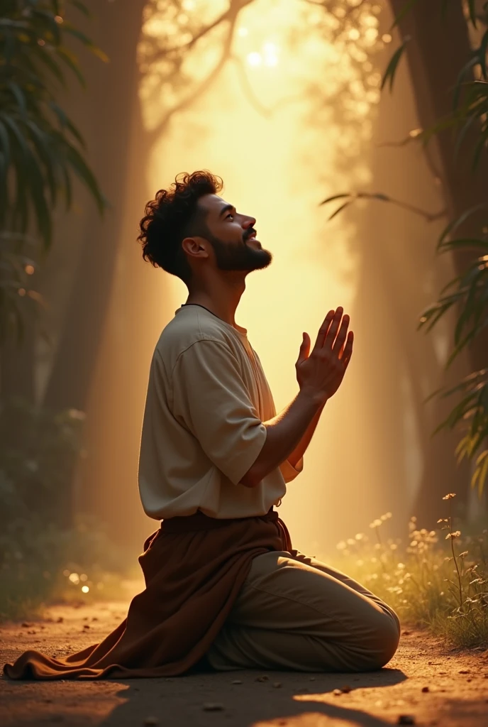 Young man 5 to 40, latino, white on his knees thanking the Glory is of God