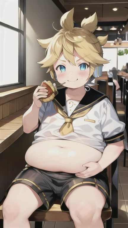 10 year old boy, cute Kagamine Len, (chubby), (plump), severely overweight, ((over small sailor uniform)), chubby body, whole belly spilling over the waistband, unbuttoned shorts, earphones, tie, parted lips, (full blushed), sitting on a chair in a restaurant, food on face, eating a lot of junk food, smirk