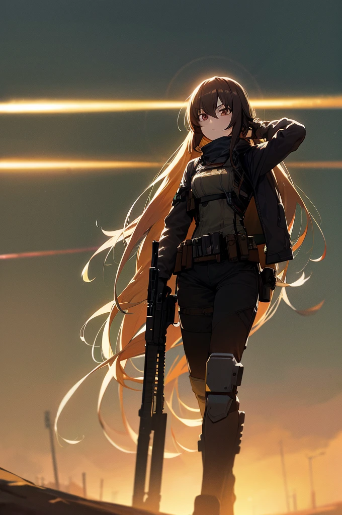 In the spotlight, holding_gun, assault_rifle, Very detailed, Brown Hair, Long Hair, Anime Style, whole body, alone, Stylish Gunfighter Girl, Holding a steampunk long barrel pistol,Standing in the wasteland, 8K high resolution, White Background, The background is a dark and desolate landscape, Horror movie atmosphere. Her figure is very beautiful, Emphasizing the dark and crazy elements. Skillfully expressing the effects of light and shadow, Anime girls with guns and rifles, from Girls&#39; Frontline, mechanized soldier girl, Girls&#39; Frontline style