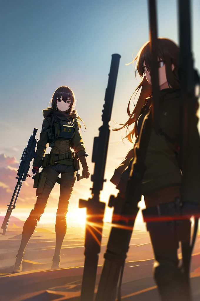 In the spotlight, holding_gun, assault_rifle, Very detailed, Brown Hair, Long Hair, Anime Style, whole body, alone, Stylish Gunfighter Girl, Holding a steampunk long barrel pistol,Standing in the wasteland, 8K high resolution, White Background, The background is a dark and desolate landscape, Horror movie atmosphere. Her figure is very beautiful, Emphasizing the dark and crazy elements. Skillfully expressing the effects of light and shadow, Anime girls with guns and rifles, from Girls&#39; Frontline, mechanized soldier girl, Girls&#39; Frontline style