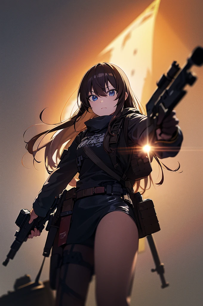 In the spotlight, holding_gun, assault_rifle, Very detailed, Brown Hair, Long Hair, Anime Style, whole body, alone, Stylish Gunfighter Girl, Holding a steampunk long barrel pistol,Standing in the wasteland, 8K high resolution, White Background, The background is a dark and desolate landscape, Horror movie atmosphere. Her figure is very beautiful, Emphasizing the dark and crazy elements. Skillfully expressing the effects of light and shadow, Anime girls with guns and rifles, from Girls' Frontline, mechanized soldier girl, Girls' Frontline style