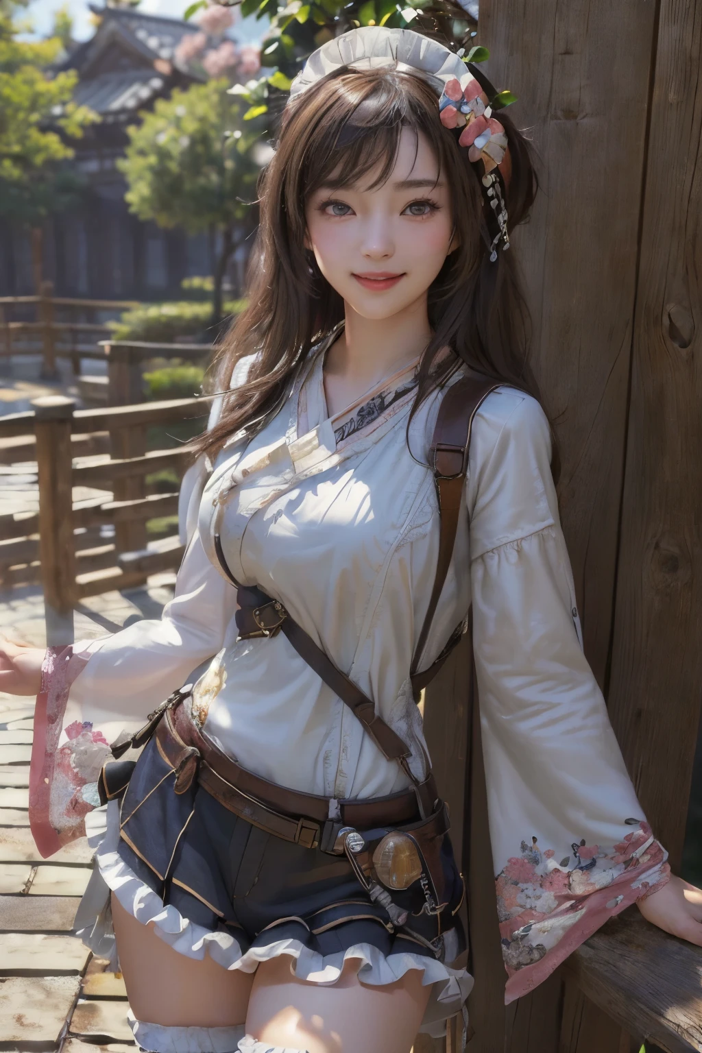 (masterpiece:1.2), (photorealistic:1.2), (best quality),((realistic:1.3)), (detailed skin:1.3), (intricate details), dramatic, ray tracing,finely detailed, quality,realistic lighting,huge breasts,1girl,shizukodef,cowboy shot,smile,looking at viewer,(outdoors,dynamic pose) 