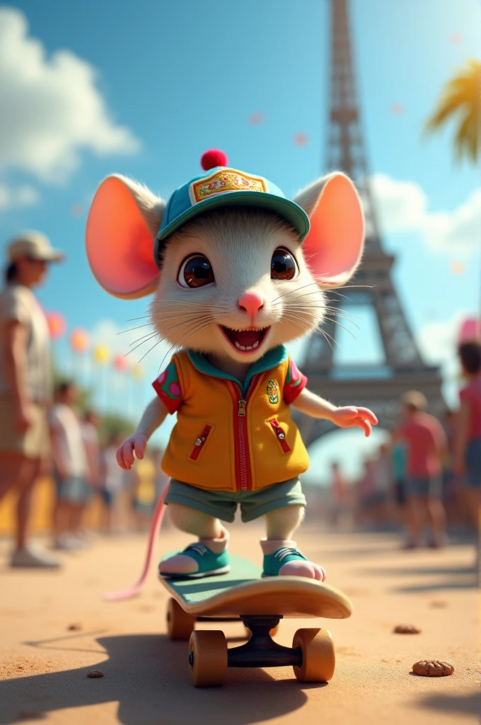 Mouse wearing a colorful cap on a skateboard at the Paris Olympics 