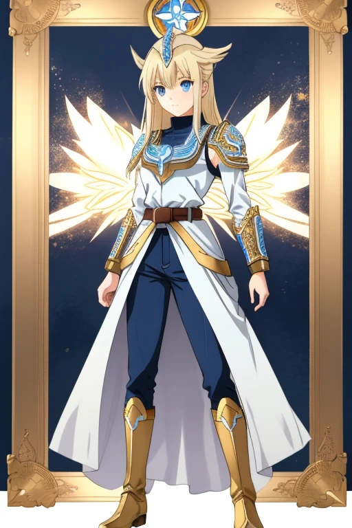 A full-body portrait of a young woman in anime style, with long, light blonde hair, framed by a white mantle adorned with golden details. She has intense blue eyes and wears a form-fitting blue armor with intricate engravings of leaves and flowers, and golden metal pieces covering her shoulders and arms. A dark brown leather belt with metallic buckles secures her armor at the waist. She wears brown leather boots, standing in a dynamic action pose. A cross-shaped pendant adorns her chest. The background features a blue sky with fluffy clouds, highlighting her majestic and noble appearance, visible from head to toe, wear tight pants