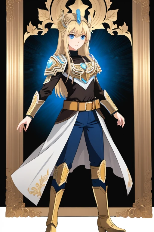 A full-body portrait of a young woman in anime style, with long, light blonde hair, framed by a white mantle adorned with golden details. She has intense blue eyes and wears a form-fitting blue armor with intricate engravings of leaves and flowers, and golden metal pieces covering her shoulders and arms. A dark brown leather belt with metallic buckles secures her armor at the waist. She wears brown leather boots, standing in a dynamic action pose. A cross-shaped pendant adorns her chest. The background features a blue sky with fluffy clouds, highlighting her majestic and noble appearance, visible from head to toe, wear tight pants