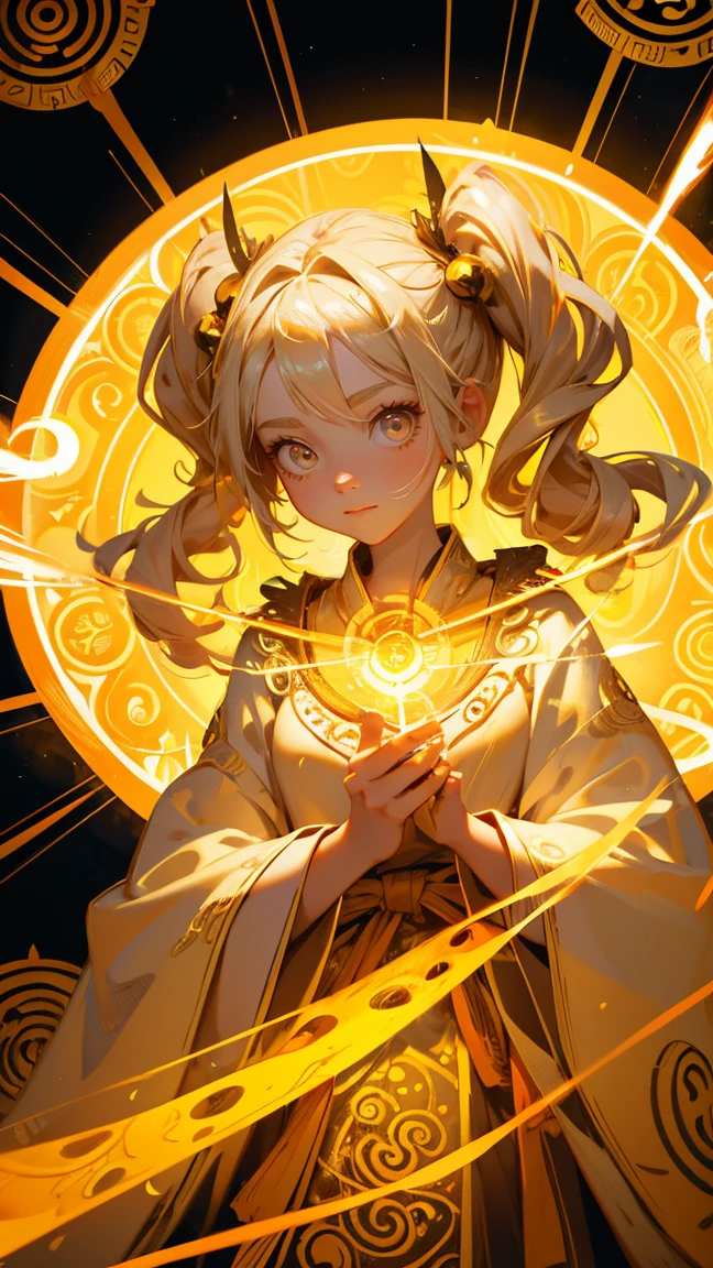 A cute, stylized digital illustration of "Shill Shaman" character with big eyes and pigtails in an ancient golden robe surrounded by glowing symbols floating above her head, creating a magical aura. She is casting spells or radiating energy from the power emanated from them. The background shows intricate patterns and designs on metal plates.