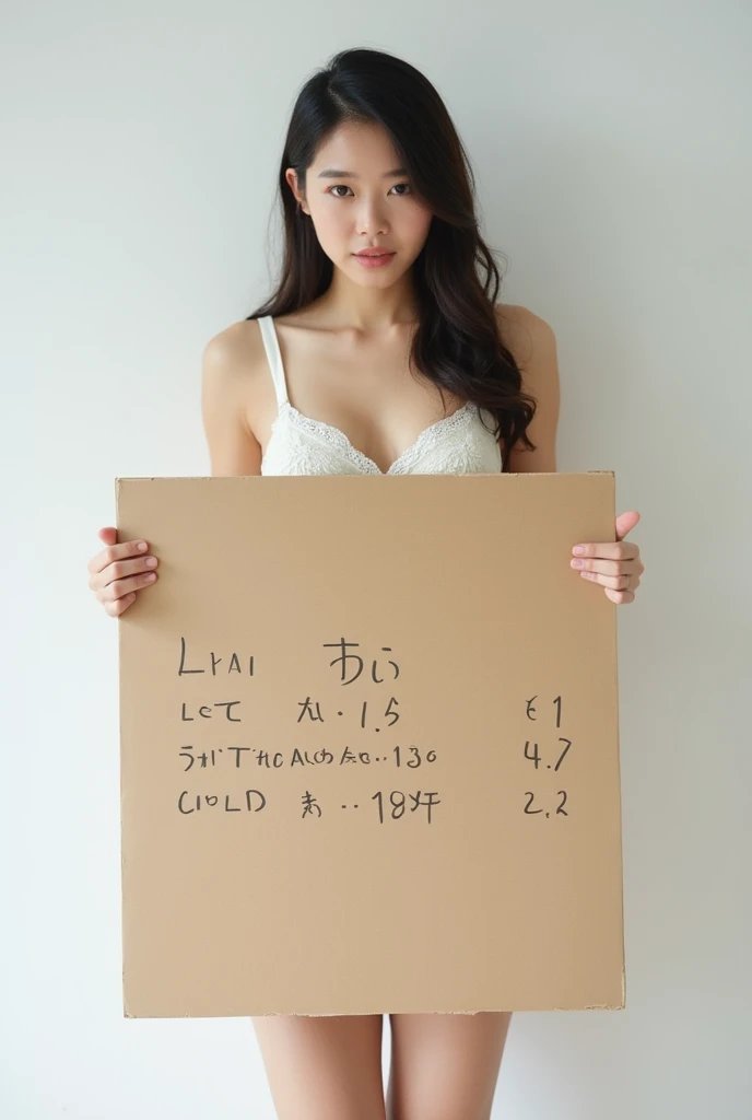 realistic photo, detailed photo, 1 beautiful Japanese woman, full body photo, simple background. look at the viewer:1.1, front view:1.2, ((( a woman put the large board on her underwear body, size of large board is very big, large board cover her chest to foot:1.2, she looks embarrass, larger board has many words and drawing and design on it)))