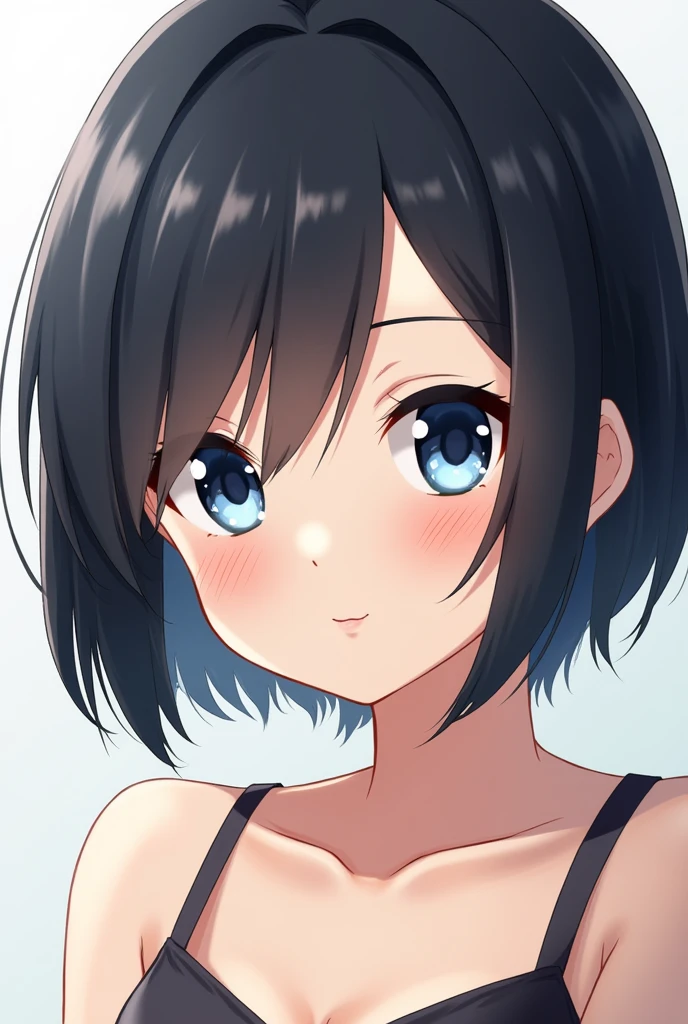 Short black hair、Center Parting、He has slanted eyes, lewd eyes, and blue eyes.、Draw an anime-style girl