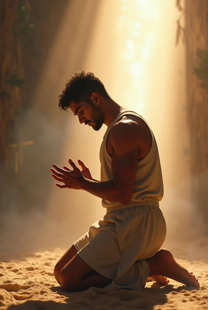 Young man aged 35 to 40, latino, white on his knees thanking the Glory is of God