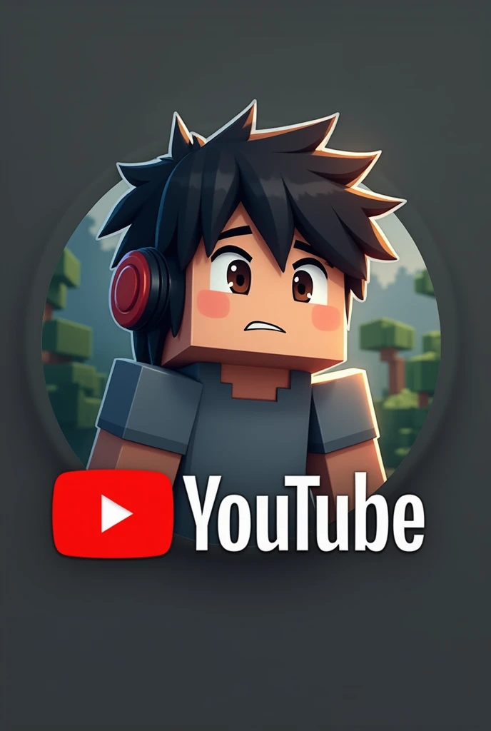 Create minecraft logo with black hair and gray t-shirt and youtube logo and have  earport 