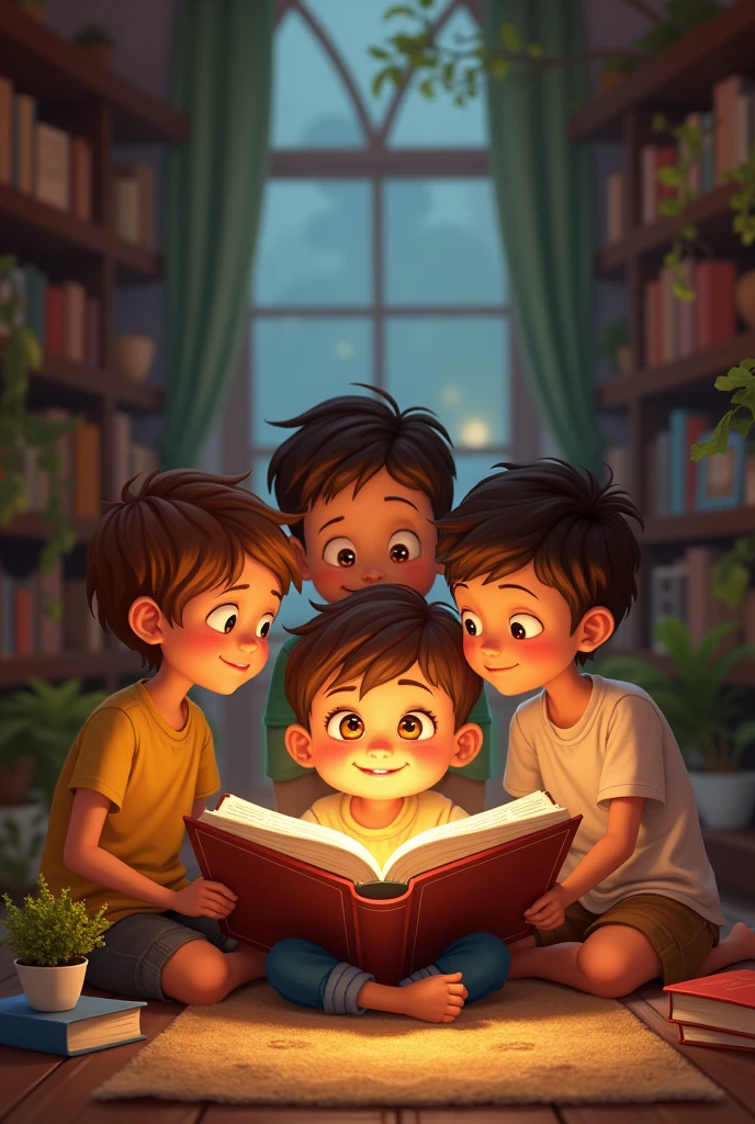 One girl , four boys around a book