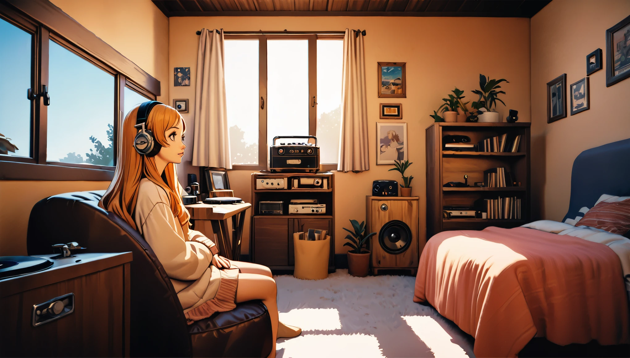 a lofi girl, listening to music, sitting in a warm sunlit room, soft natural lighting, detailed portrait, beautiful long hair, detailed eyes, serene expression, cozy bedroom interior, potted plants, string lights, analog radio, vinyl record player, warm color palette, cinematic mood, photorealistic, 8k, masterpiece