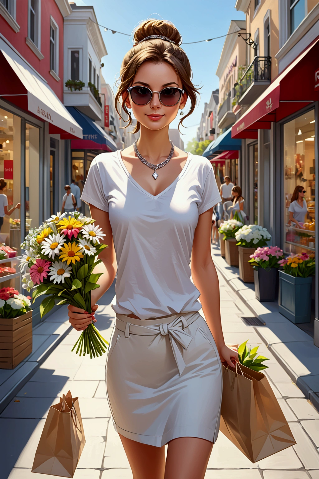 Very detailed, high quality, masterpiece, 1 woman, walking down the street, shopping bag in both hands, happy expression, Brown hair, tied in a messy bun, (casual clothes: 1.1), White T-shirt, short skirt, High heels, light makeup, (silver necklace: 1.2), sunglasses on head, holding flowers, people and shop window in the background, outdoor, sunny day.