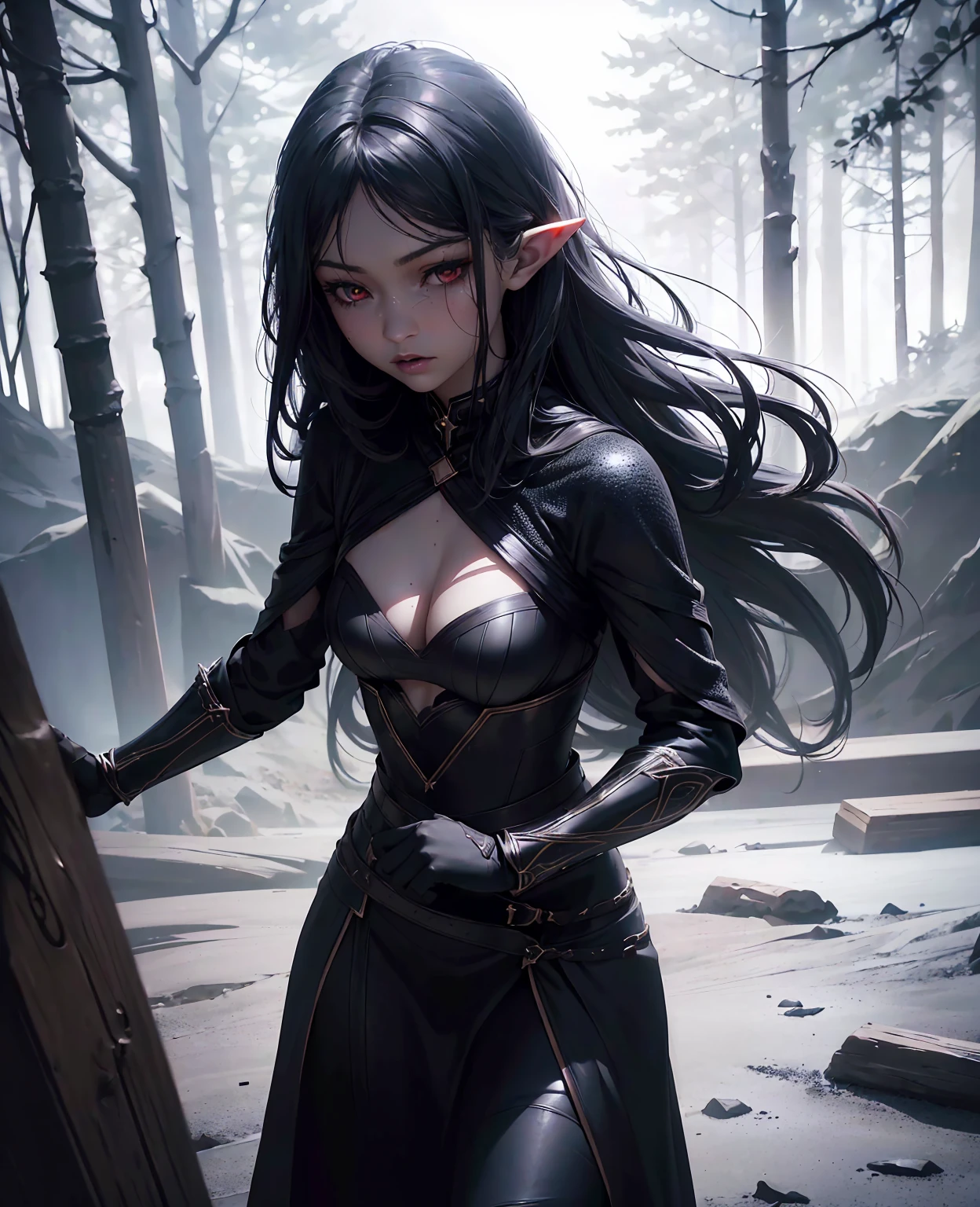 1girl, dark witch, black long hair, pale skin, red eyes, elf-like costume, mysterious dark setting, dramatic lighting, (best quality,4k,8k,highres,masterpiece:1.2),ultra-detailed,(realistic,photorealistic,photo-realistic:1.37),cinematic,dramatic atmosphere,moody lighting,dark fantasy,dark magic,intricate details