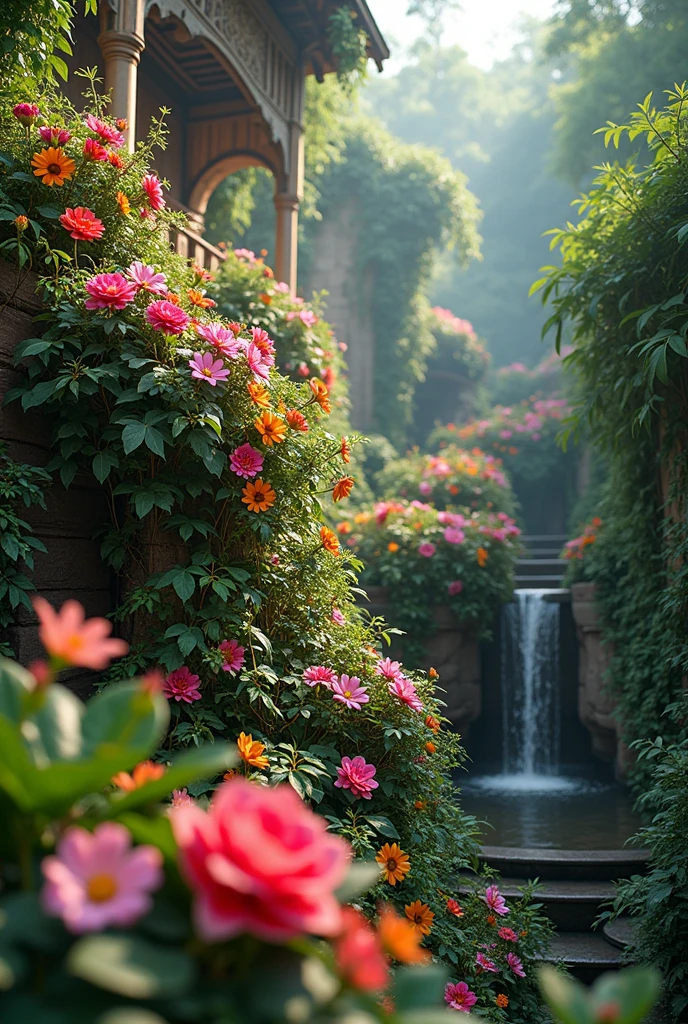 Create a close-up image of exotic flowers and plants cascading down from elevated terraces