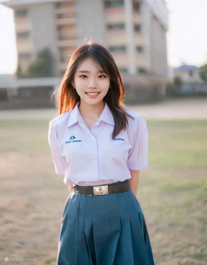 Asian woman in pink shirt and blue skirt standing in grass field, young woman wearing uniform, Thai anime girl, Wear a school uniform, Wear a school uniform, Niwan Chandra, Wear a school uniformญี่ปุ่น, young asian woman, Wearing a headmaster&#39;s uniform, Thawan Duchanee, Korean girl, JK uniform, wearing a polo shirt