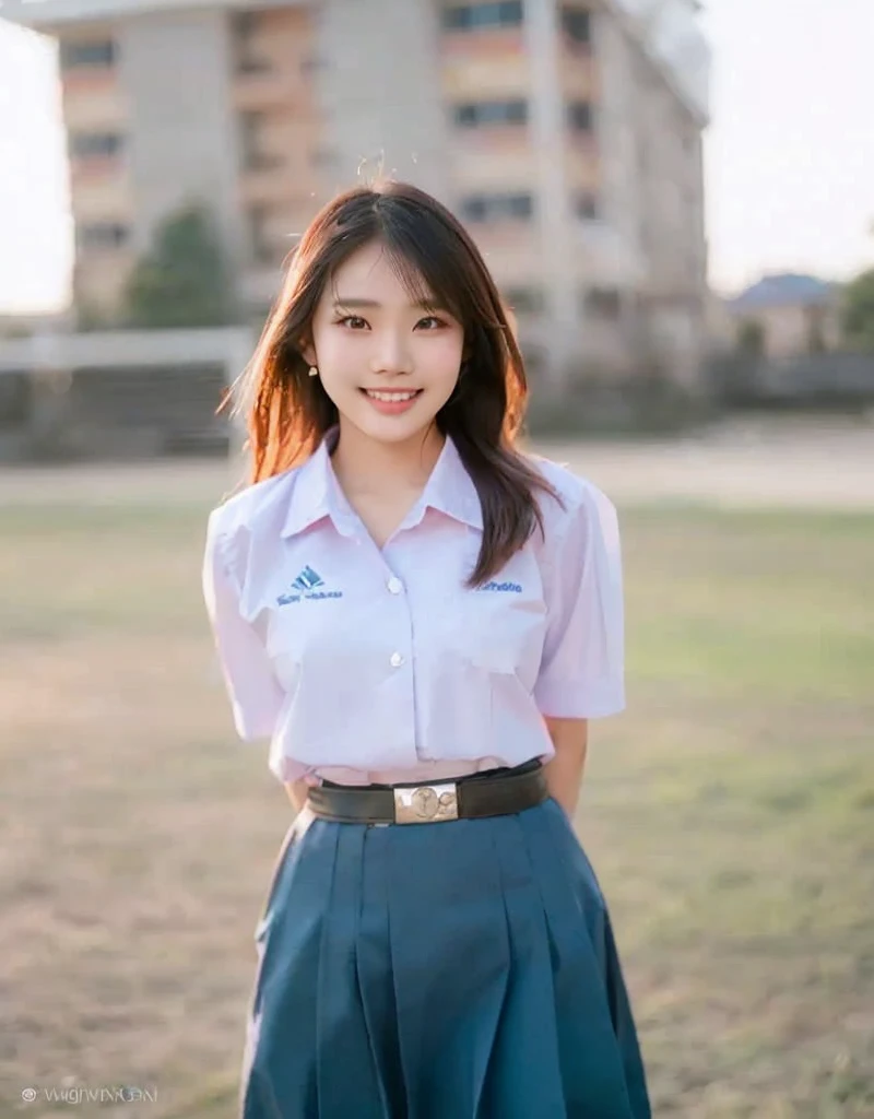 Asian woman in pink shirt and blue skirt standing in grass field, young woman wearing uniform, Thai anime girl, Wear a school uniform, Wear a school uniform, Niwan Chandra, Wear a school uniformญี่ปุ่น, young asian woman, Wearing a headmaster&#39;s uniform, Thawan Duchanee, Korean girl, JK uniform, wearing a polo shirt