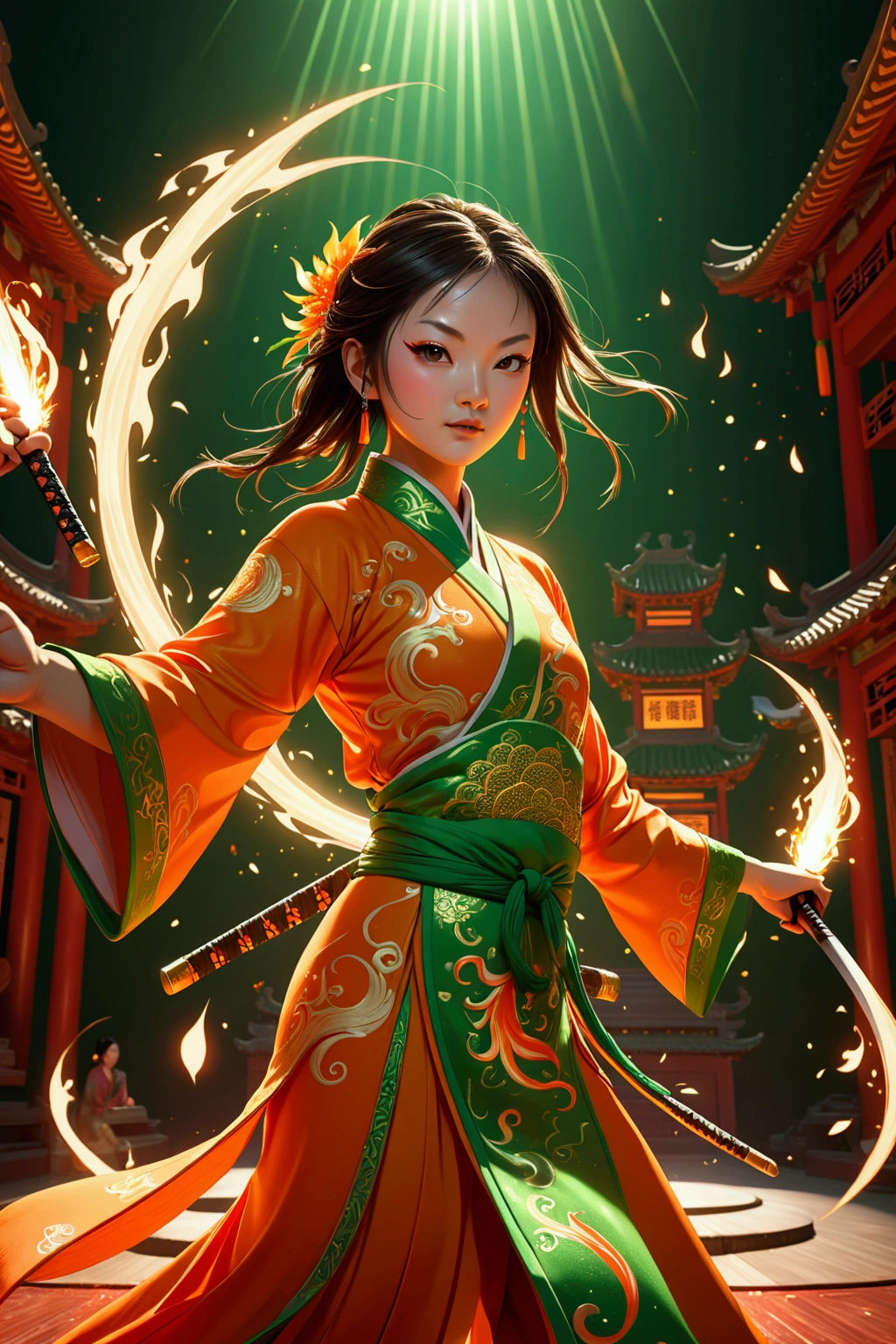 Fisheye lens with flames in the background., Chinese girl dancing swords, dressed in Tang suit, a person, light up, ray tracing, edge light, glitter effect, exaggerated action, exaggerated perspective, orange, green, realistic ultra-thin rendering wind, Super detail, blender, octanering