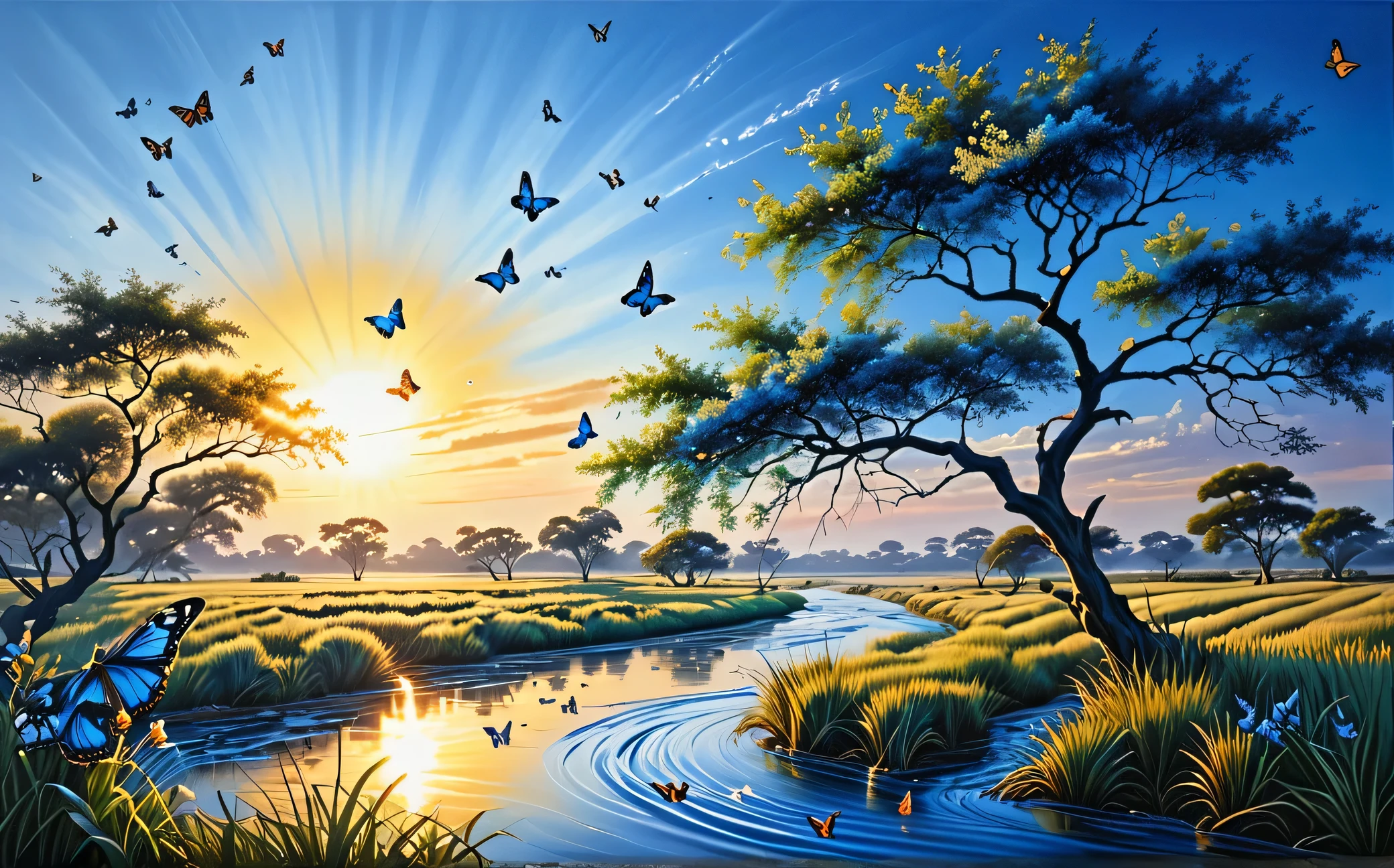 Beautiful hyper-realistic and super detailed masterpiece, which shows a mysterious river, several butterflies flying in blue color, like a tree on the right like the branches over the view, grass field on the left, with the sunset sun, negative human construction human image
