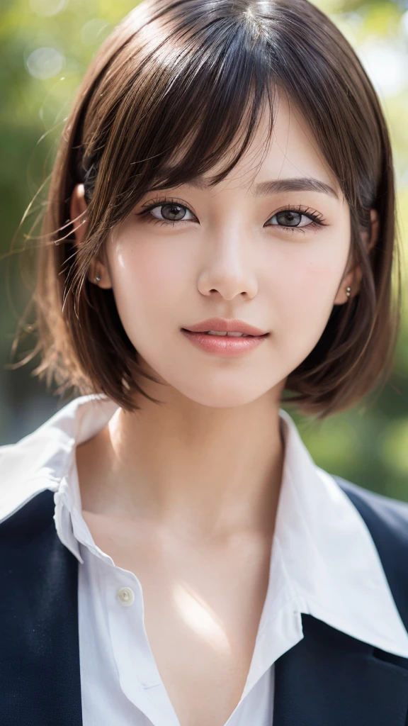 (masterpiece:1.3), (16k, photorealistic, RAW photo, best quality: 1.4),absurdres, attractive, ultra high resolution, ultra realistic, highly detailed, golden ratio, ultra detailed, super fucking beautiful detailed face, natural makeup, pale skin, realistic glistening skin, detailed cloth texture, detailed hair texture, beautiful detailed fullbody, Perfect female body, accurate, Anatomically correct, Highly detailed face and skin texture, natural neck length, (beautiful hands), (fair skin:1.1), (well-aligned teeth:1.1), (Perfect dynamic composition, looking at viewer),
BREAK,
Detailed eyes, symmetric eyes, Light Brown eyes, Double eyelids, Thin eyebrows, (Glossy lips:1.4), ((A face with waiting for a kiss:1.2)), (blush:1.1), (A sparkling small hair accessory:1.1), (beautiful smile:1.1), (sweat skin,blush:1.2),
BREAK,
((short hair, bob, Dark blonde hair, bangs:1.2)), (school uniform:1.3)