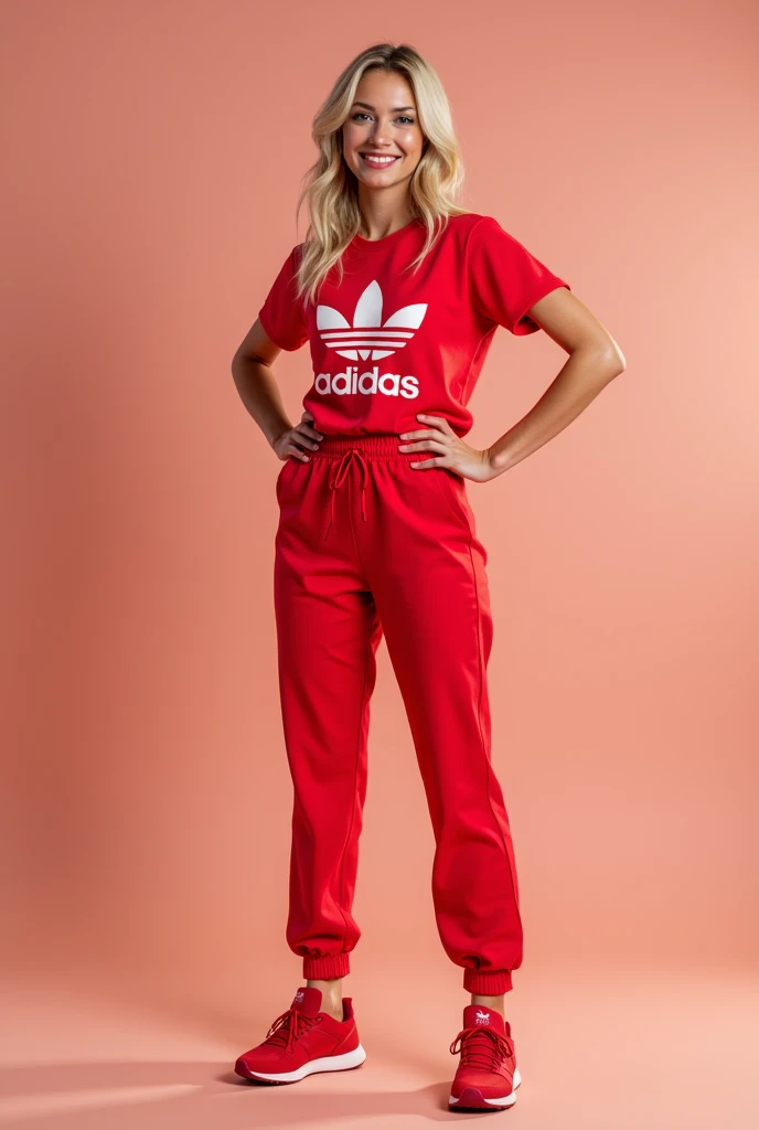 Red pants adidas, red shirt, red shoes, blonde hair, cute and pretty, Father