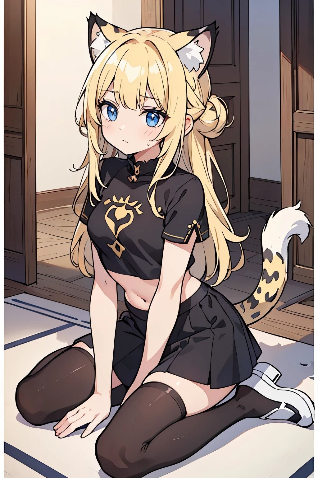 1 girl, female figure, (medium small breasts), (young female body: 1.4), fairy_tail_style, light blue eyes, golden sunny blonde hair, wavy sunny yellow hair, hair bun, hair in a bun, hime cut, blunt bangs, black snow leopard animal ears, fluffy tail, black animal ears, black and white long tail, tights, long big lynx tail, black animal tail, black and white big cat ears, hallway background, black skirt, crop top, white tail with black spots, sitting on ground, kneeling, white cat tail, white shoes