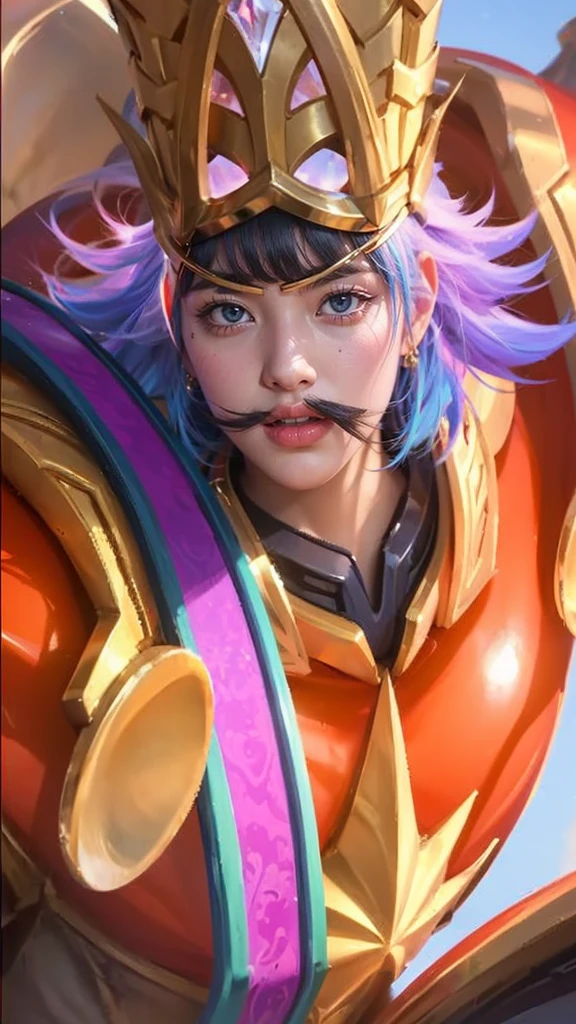 Design a scene featuring Lux from League of Legends in her Star Guardian skin, with a celestial theme, wielding her magical staff, and protecting her team against a starry night backdrop