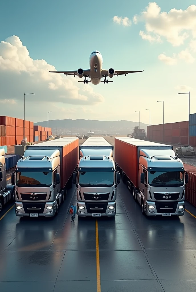 Hyper realistic image of five logistics trucks and vehicles parked side by side zoomed out ground level, cargo shipment behind them and a plane flying overhead