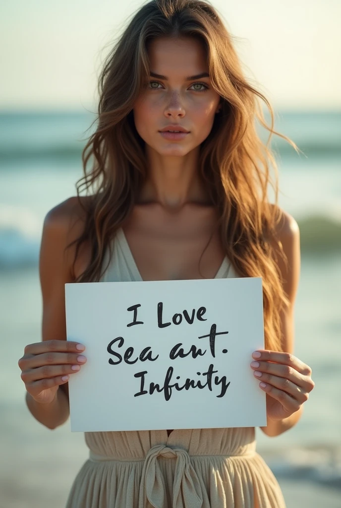 Beautiful girl with wavy long hair, bohemian dress, holding a white board with text "I Love Seaart Infinity" and showing it to the viewer