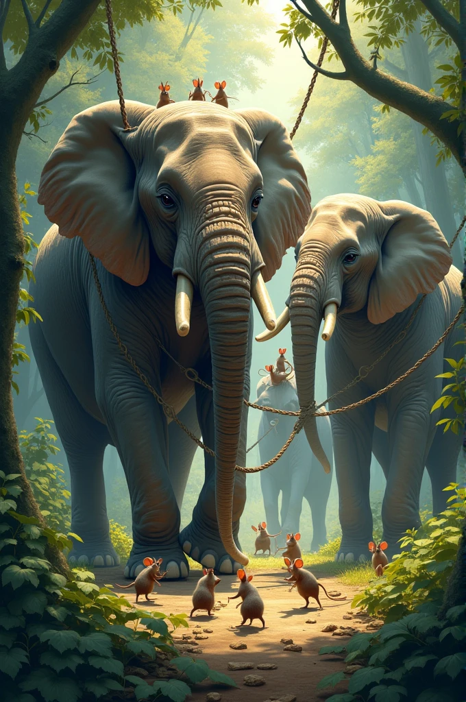 Illustration Prompt: Create an illustration of the moment when the mice are helping the elephants escape from the net. What details would you include to convey the teamwork?