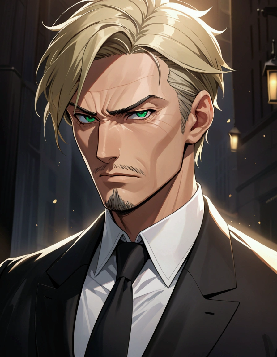 1man, man in black, vigorous mature, business hair with asymmetrical bangs, goatee, green platina blond hair, emerald eyes, BREAK 45yo, charming caucasian, slightly long chiseled face, deep set, angular jaw, facial wrinkles, crewcut, BREAK ideal ratio body proportions, middle weight muscular, beautiful detailed eyes, dark hero, BREAK solo, funeral black suit, black necktie, white shirt, at wall street, detailed background, serious, cool expression, natural standing, best eyes, BREAK upperlegs, dramatic expression, in persona style, masculine comic art, 2010s, retro visual novel, in newest eroge style, dutch angle, cinematic shadows, cinematic lighting, lens flare, light leaks, texture, absurdres absolutely resolution, extreme all detailed, greatest painting, BREAK masterpiece, best quality