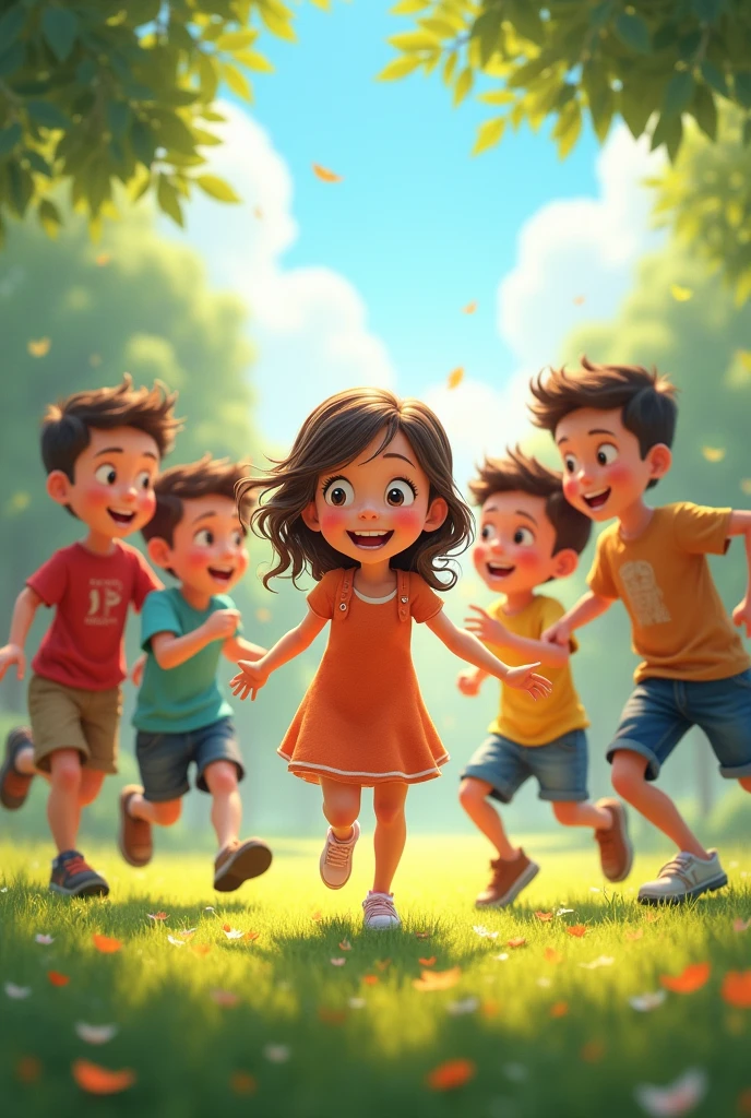 One girl , four boys playing 
