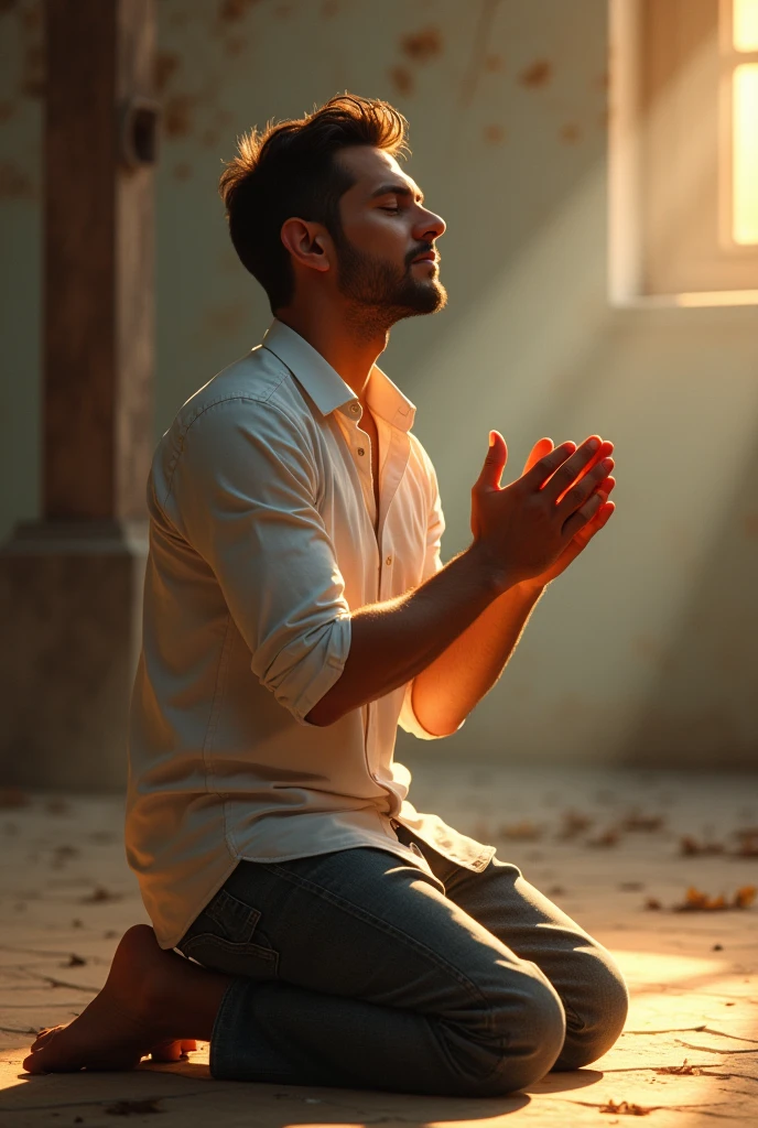 Young man aged 35 to 40, latino, white on his knees thanking the Glory is of God with a text message in Spanish "Thank you Lord for your blessings"