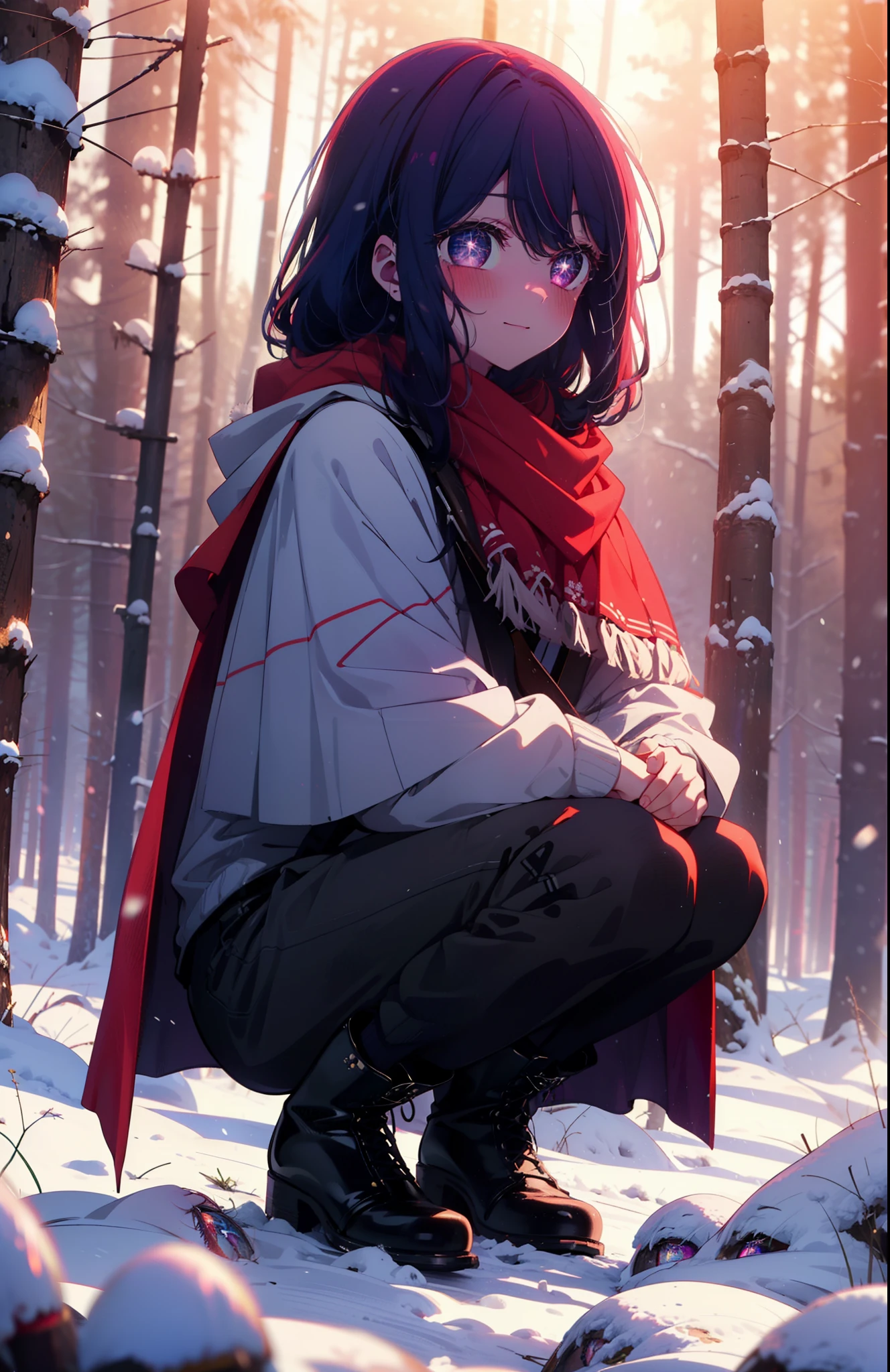 aihoshino, Ai Hoshino, Long Hair, bangs, (Purple eyes:1.1), Purple Hair, (Symbol-shaped pupil:1.5), smile,,smile,blush,white breath,
Open your mouth,snow,Ground bonfire, Outdoor, boots, snowing, From the side, wood, suitcase, Cape, Blurred, , forest, White handbag, nature, Squat, Mouth closed, Cape, winter, Written boundary depth, Black shoes, red Cape break looking at viewer, Upper Body, whole body, break Outdoor, forest, nature, break (masterpiece:1.2), Highest quality, High resolution, unity 8k wallpaper, (shape:0.8), (Beautiful and beautiful eyes:1.6), Highly detailed face, Perfect lighting, Extremely detailed CG, (Perfect hands, Perfect Anatomy),