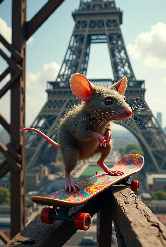 Stoner rat skateboarding on the Eiffel Tower