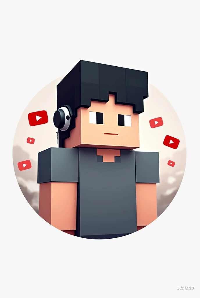 Create minecraft logo with black hair and gray t-shirt have youtube logo and have  earport 