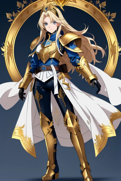A full-body portrait of a young woman in anime style, with long, light blonde hair, framed by a white mantle adorned with golden details. She has intense blue eyes and wears a form-fitting blue armor with intricate engravings of leaves and flowers, and golden metal pieces covering her shoulders and arms. A dark brown leather belt with metallic buckles secures her armor at the waist. She wears brown leather boots, standing in a dynamic action pose. A cross-shaped pendant adorns her chest. The background features a blue sky with fluffy clouds, highlighting her majestic and noble appearance, visible from head to toe, wear tight pants
