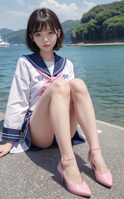 Beautiful girls。Pink Skin、blue eyes、Bob Hair、realistic model、Sailor suit、High heels、Beautiful feet